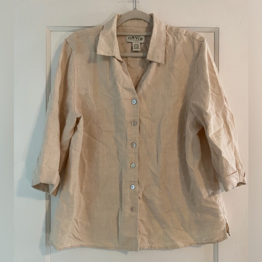 Orvis Womens 100% Linen Button Down Shirt Minimalist Size Large